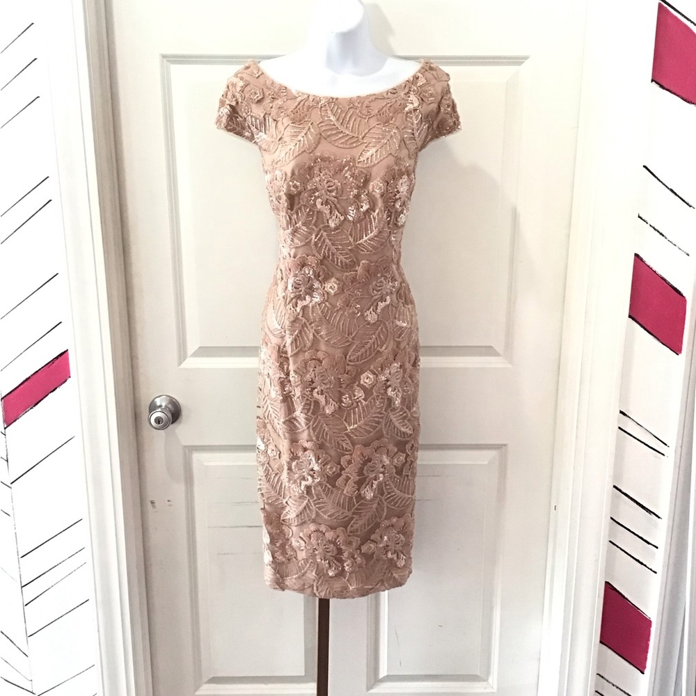 Women Unbranded Champagne Floral Sequin Lace Dress, Cap Sleeves Size 8